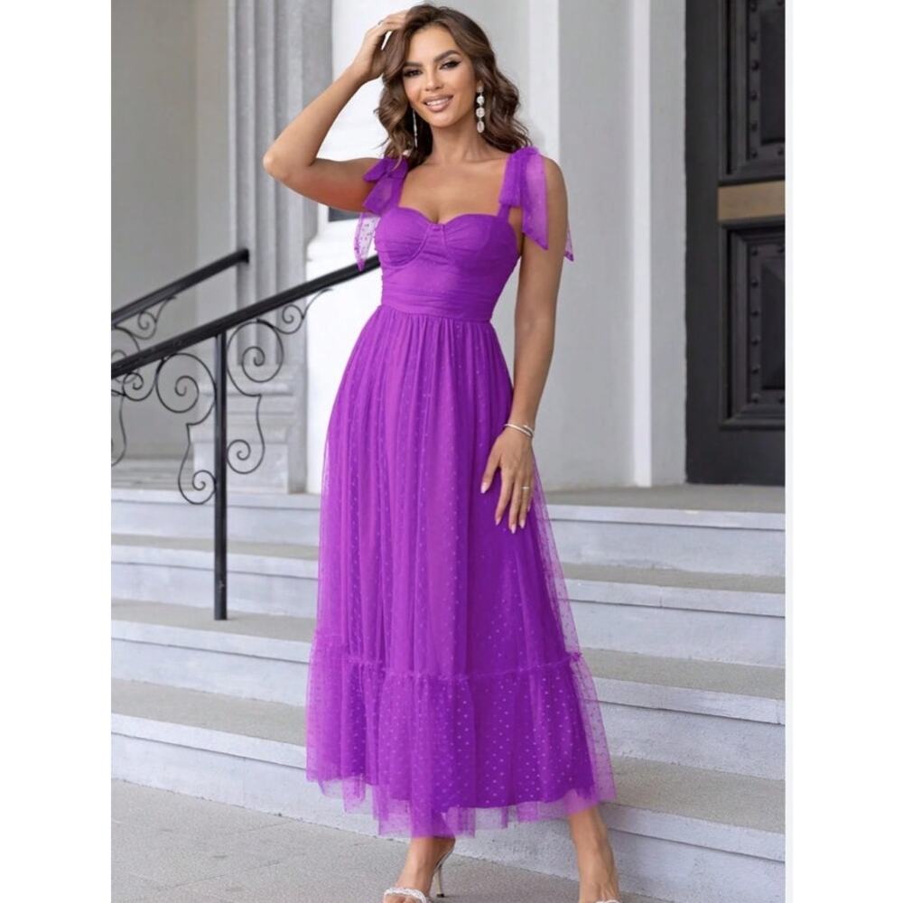 Whimsical Purple Tulle Tiered Maxi Dress Formal Party Gown XL
